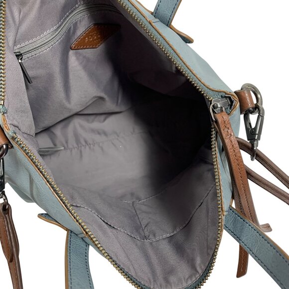 FOSSIL Dusty Blue & Brown Vegan Leather Studded Shoulder Crossbody Bag Tote - Picture 8 of 13